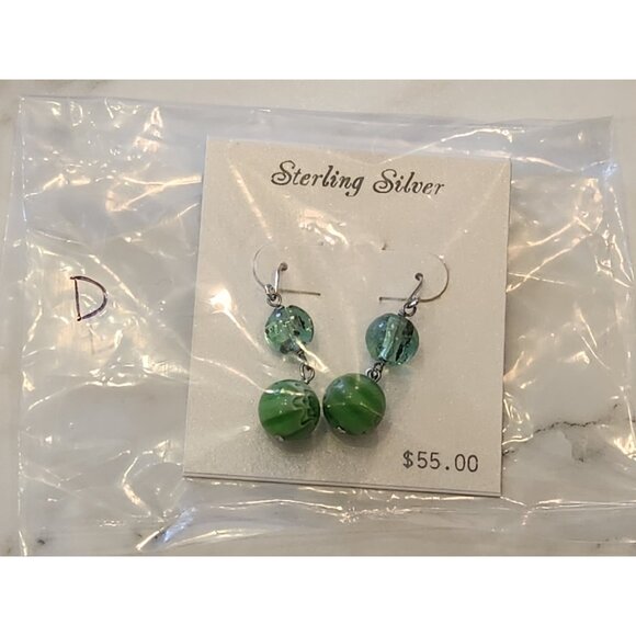 Sterling Silver Green Glass Bead Dangle Earrings - Picture 2 of 5